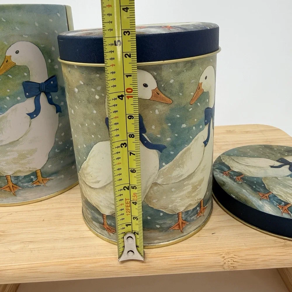 Vintage White Goose & Blue Bow Nesting Tin Canister Set of 2 Kitch Grandma Core